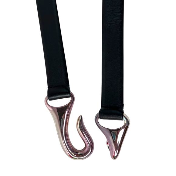 CHICO\'S Genuine Leather Belt Black Silver Hook Buckle Elastic Waist Medium Large main image 8